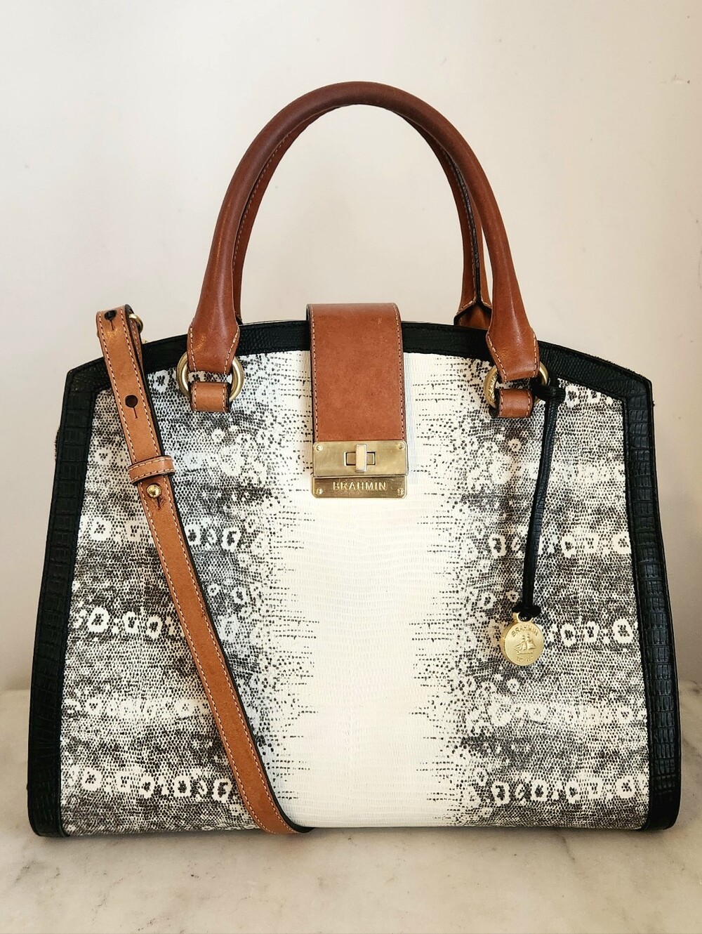 Brahmin Oxford Satchel Black & White Lizard Tan Handles Shoulder Bag
